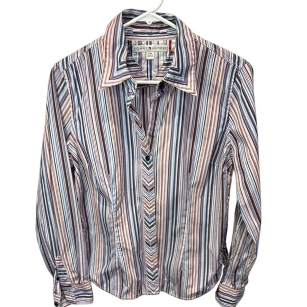 Tommy Hilfiger Women Striped Button Up Shirt L G Multi Color Classic Fit